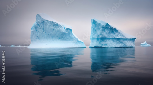 Two icebergs melted in dark water in Antarctica. Generative AI © Gasspoll