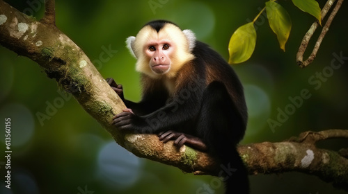 White-headed Capuchin  black monkey sitting on tree branch in the dark tropical forest. Generative AI