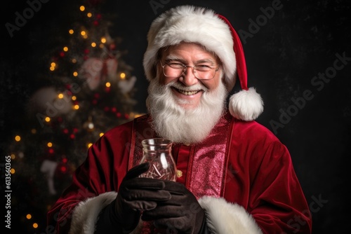 Photo of a jolly man dressed as Santa Claus in a festive studio. Generative AI © Mustafa
