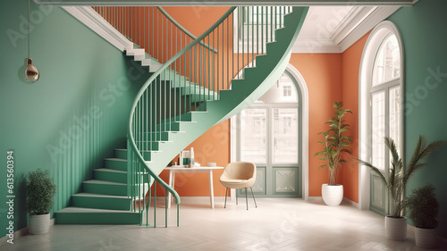 Hall with staircase 3d rendering, Bright color. Generative Ai