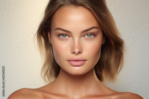 Portrait shot of a woman with a natural and glowing makeup look. Generative AI