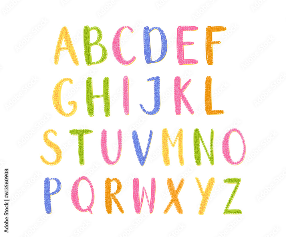 Kids alphabet, large capital decorated English letters isolated on white background. Nursery poster, educational vector set