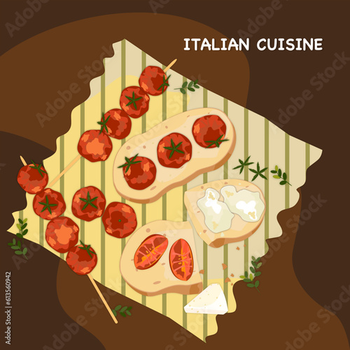 Vector illustration of grilled cherry tomatoes on skewers and bruschetta with tomatoes and cheese. Served on wrapping paper Tomatoes cooked with olive oil, garlic, salt and pepper, top view.