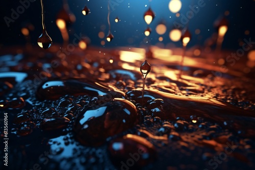Golden water in dark environment, dim light, sharp focus, shallow dof background Generative AI