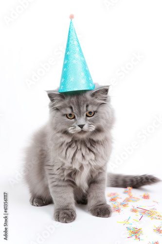 cute cat wearing birthday cone hat on white background
