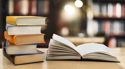 Book stack and open book on the desk in public library