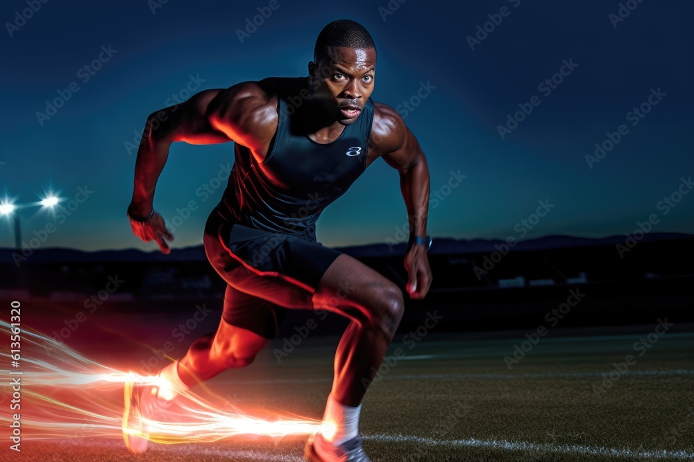 The agility and speed of a male athlete as he engages in a sprinting session on the track. Generative AI