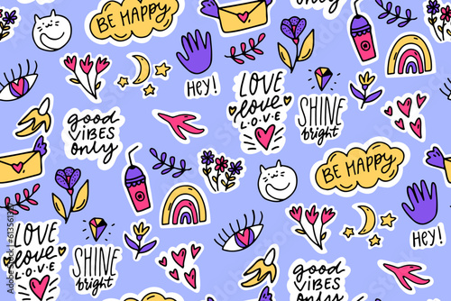 Positive stickers seamless pattern. Good quotes and cute doodle drawings, repeat blue background for cafe wallpaper, prints, creative vector design