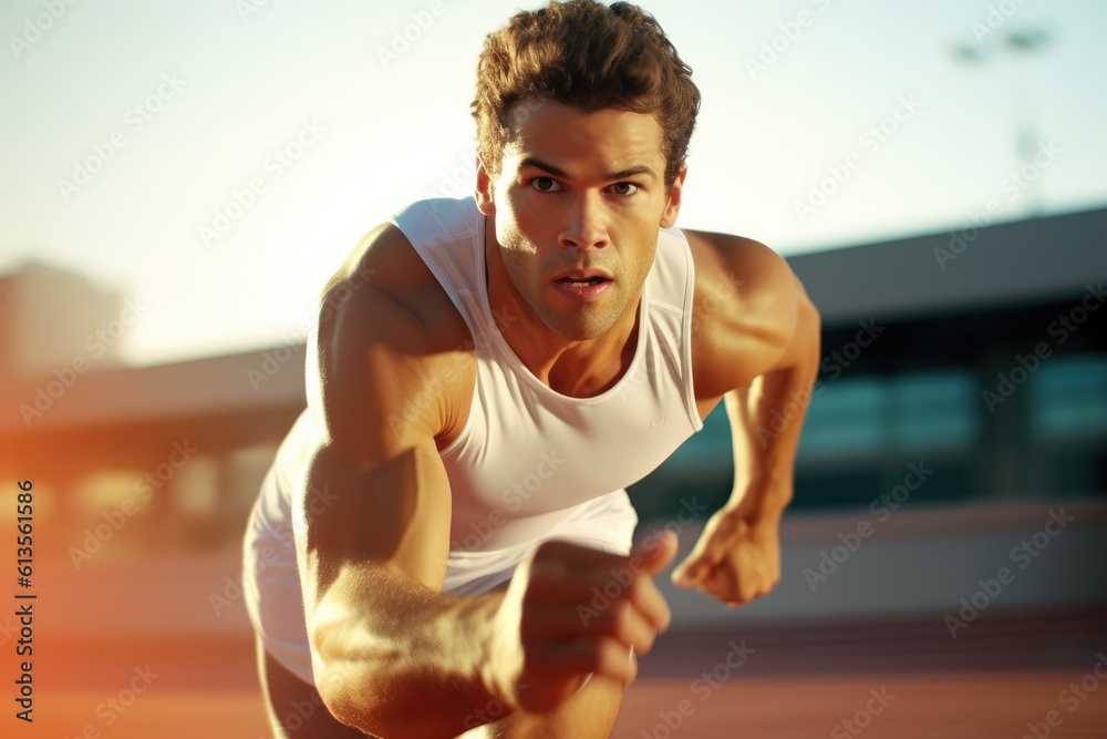 The agility and speed of a male athlete as he engages in a sprinting session on the track. Generative AI The agility and speed of a male athlete as he engages in a sprinting session on the track. Generative AI