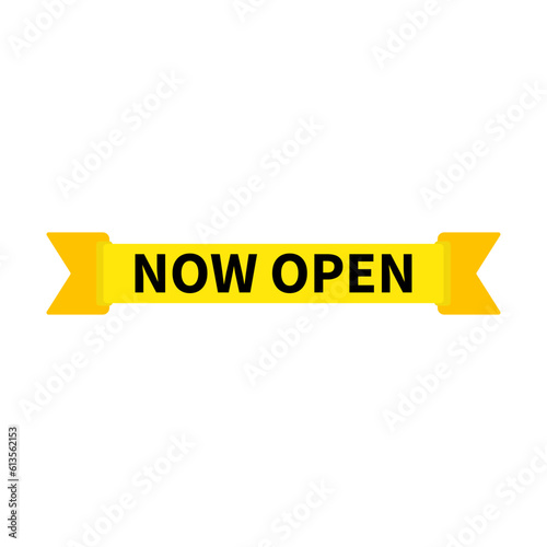 Now Open In Yellow Color And Ribbon Rectangle Shape For Announcement
