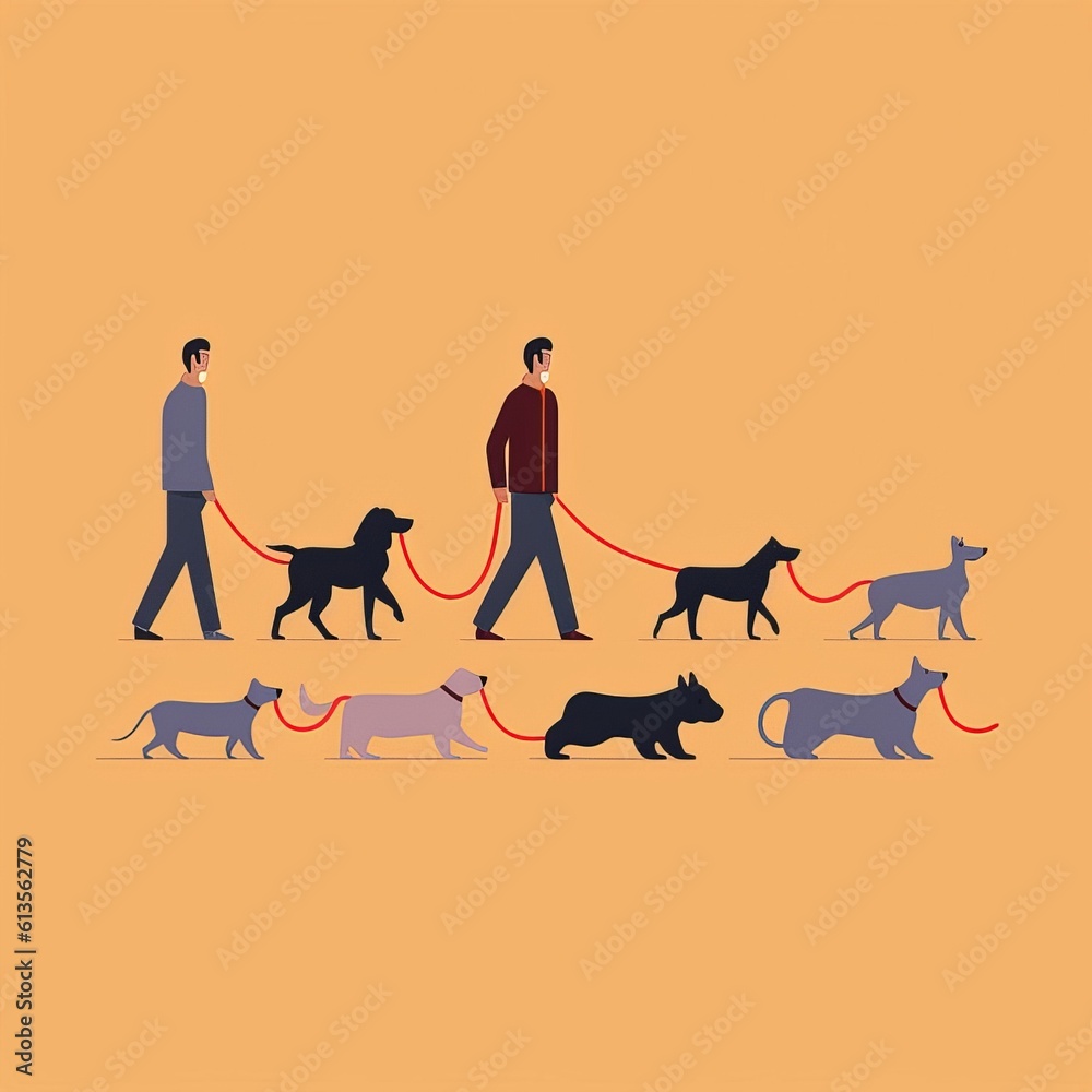 Ilustración de dos hombres paseando perros. - obrazy, fototapety, plakaty 