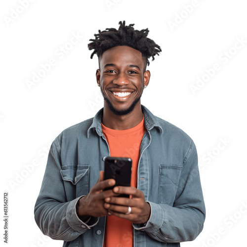 Portrait of a handsome, young black man wearing holding a phone. Isolated on transparent background. No background.	
