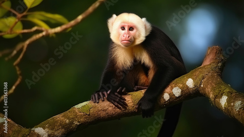 Wildlife Travel holiday - White-headed Capuchin, black monkey sitting on tree branch in the dark tropical forest. Generative AI