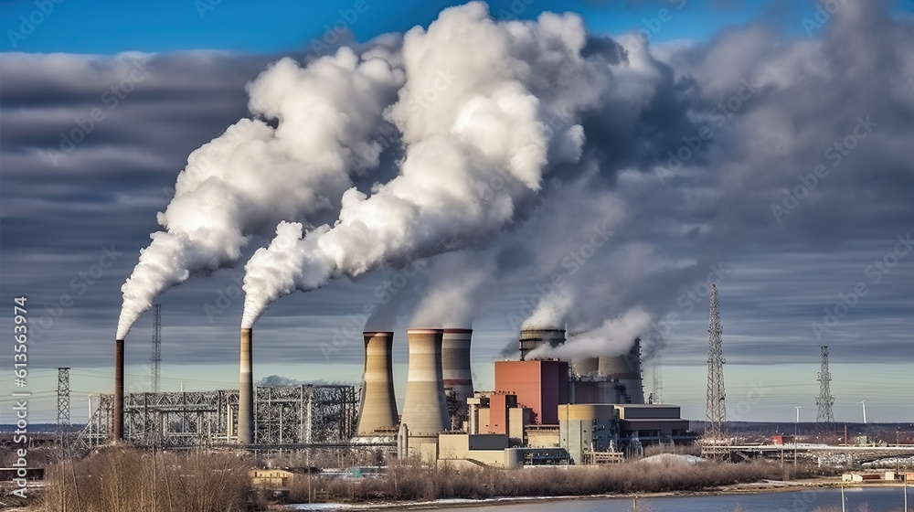 Day view of power plant, smoke from the chimney, Generative AI Day view of power plant, smoke from the chimney, Generative AI