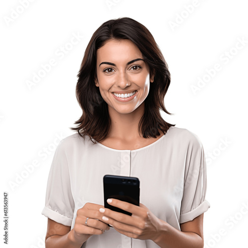 Portrait of a beautiful, young brunette woman  holding a phone. Isolated on transparent background. No background.	
