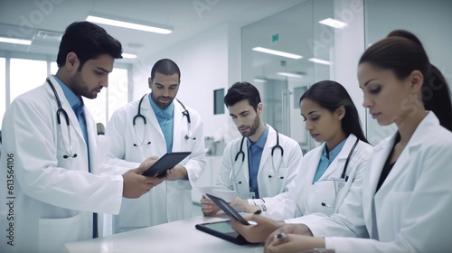 Doctors gather around a digital tablet  sharing information and discussing patient care strategies. Generative AI