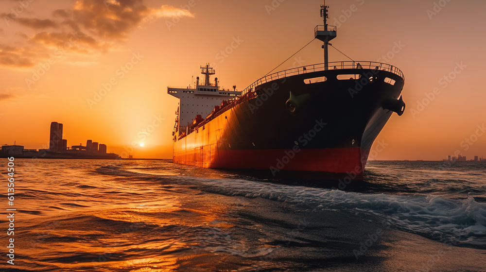Panoramic front view of a cargo ship carrying oil, Generative AI Panoramic front view of a cargo ship carrying oil, Generative AI