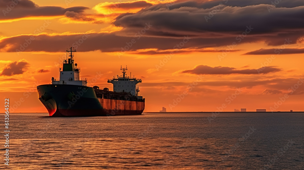 Panoramic front view of a cargo ship carrying oil, Generative AI Panoramic front view of a cargo ship carrying oil, Generative AI