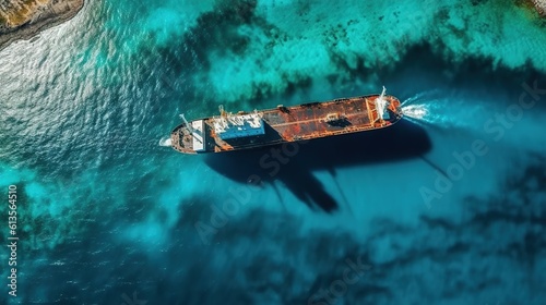 Panoramic front view of a cargo ship carrying oil, Generative AI