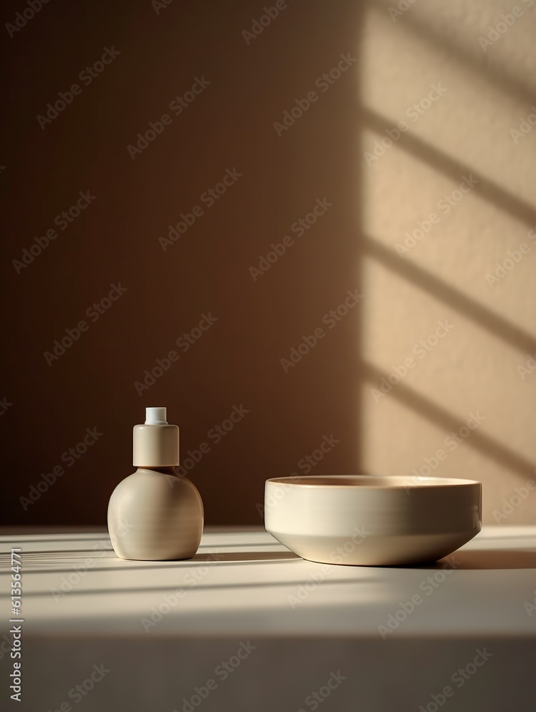 Beautiful clean empty product mockup in natural environment. Pastel earthy colors, minimal look. Generated AI. Beautiful clean empty product mockup in natural environment. Pastel earthy colors, minimal look. Generated AI.