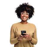 Portrait of a beautiful, young black woman holding a phone. Isolated on transparent background. No background. 