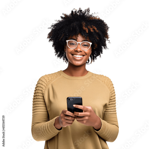 Portrait of a beautiful, young black woman holding a phone. Isolated on transparent background. No background.	
 photo