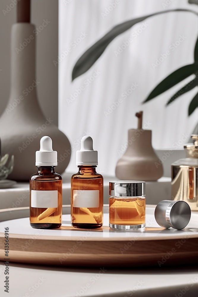 Minimal mockup of a natural cosmetic product with good ingredients. Minimal style with natural lights and shadow and plants. Generated AI. Minimal mockup of a natural cosmetic product with good ingredients. Minimal style with natural lights and shadow and plants. Generated AI.