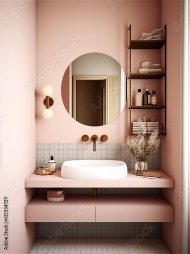 Modern interiror of a minimal bathroom. Sink, mirror, towels. Retro pastel pink. Generated AI.