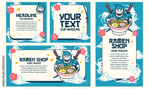 Set of Ninja Bath in Bowl of Ramen Vector Illustration