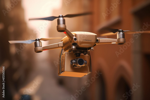 A drone delivering a parcel. Aerial logistics. Generative ai 