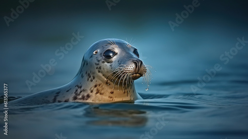 Atlantic Grey Seal, Halichoerus grypus, Animal swimming in the ocean waves, Portrait in the dark blue water with morning light, Generative AI photo
