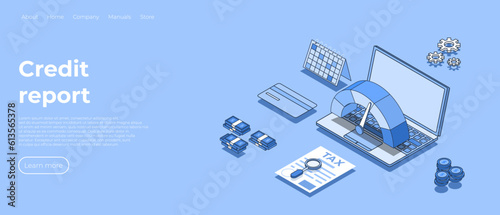 Credit score or rating concept in isometric vector illustration. Landing page with laptop, tax form report. Web banner layout template