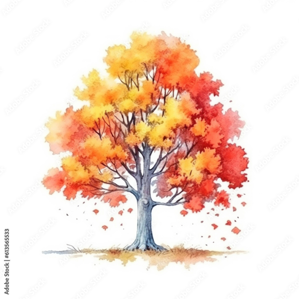 Naklejka premium Watercolor Autumn Tree. Illustration Generative AI.