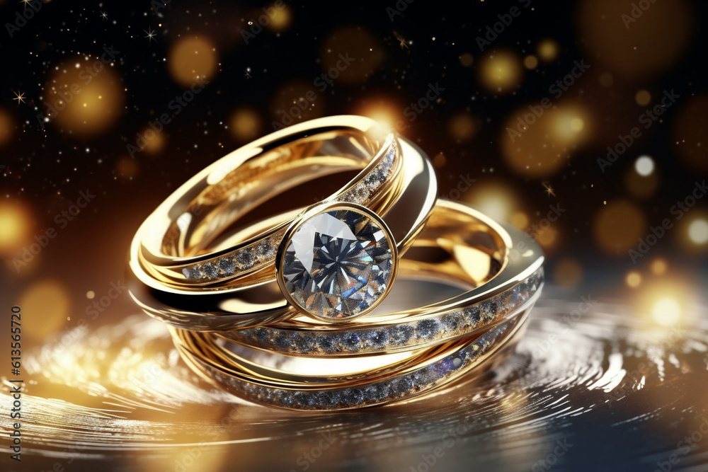Golden rings with white diamonds, luxurious, in golden flowing liquid. AI Generative Golden rings with white diamonds, luxurious, in golden flowing liquid. AI Generative