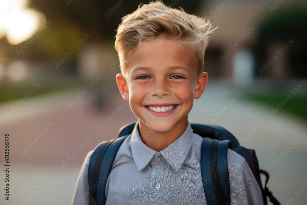 Portrait of a caucasian student boy ready for the first day of school wearing a backpack and posing with a big smile. Generative AI Portrait of a caucasian student boy ready for the first day of school wearing a backpack and posing with a big smile. Generative AI