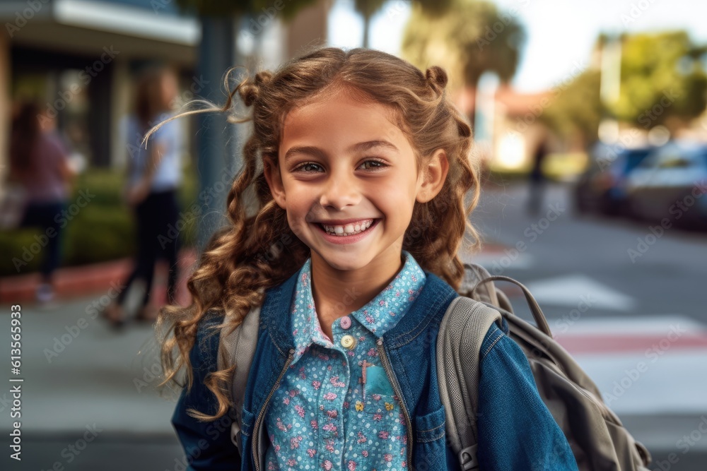 Portrait of a caucasian student girl ready for the first day of school wearing a backpack and posing with a big smile. Generative AI