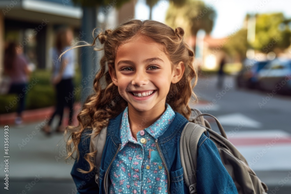 Portrait of a caucasian student girl ready for the first day of school wearing a backpack and posing with a big smile. Generative AI Portrait of a caucasian student girl ready for the first day of school wearing a backpack and posing with a big smile. Generative AI