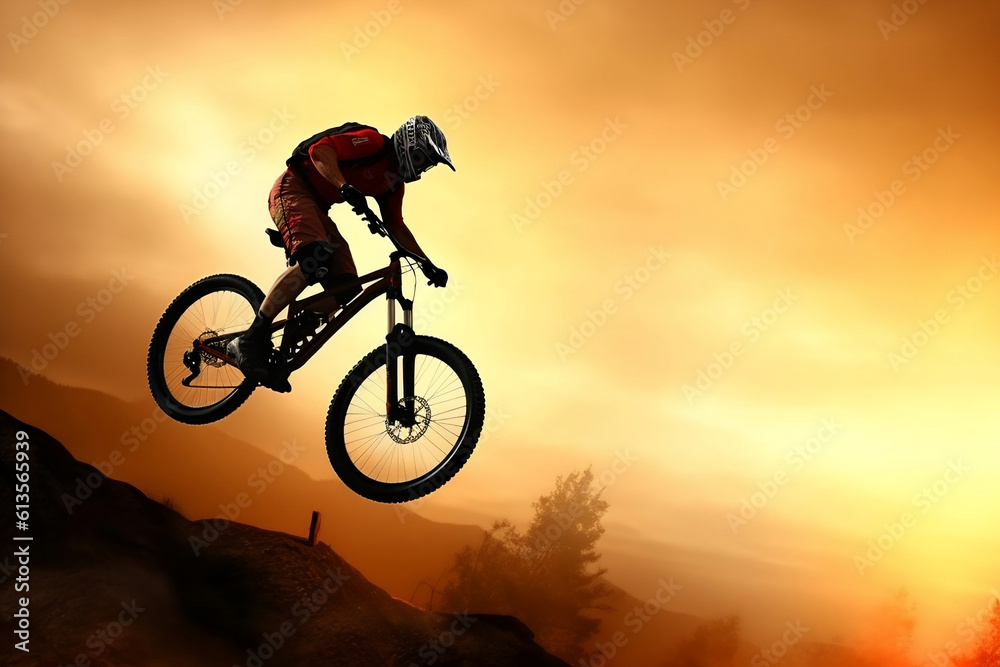 Sporty cyclist riding bike on hilly path, stunt sport Sporty cyclist riding bike on hilly path, stunt sport