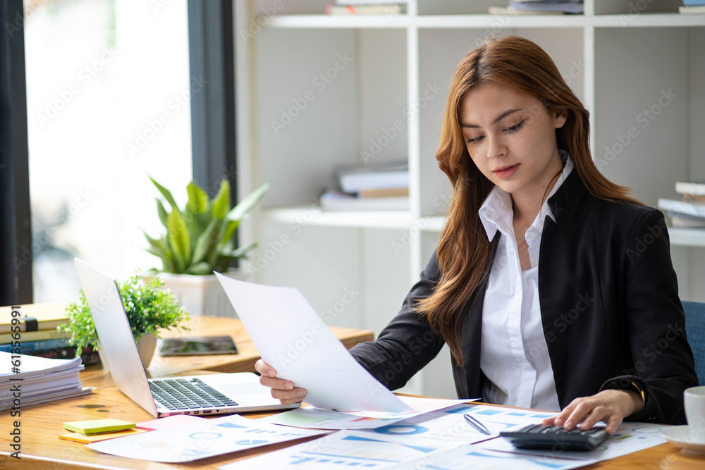Successful happy smiling businesswoman saleswoman working on laptop computer, Young female making on video conference meeting online zoom, Accounting woman do taxes calculation interest rates law firm Successful happy smiling businesswoman saleswoman working on laptop computer, Young female making on video conference meeting online zoom, Accounting woman do taxes calculation interest rates law firm