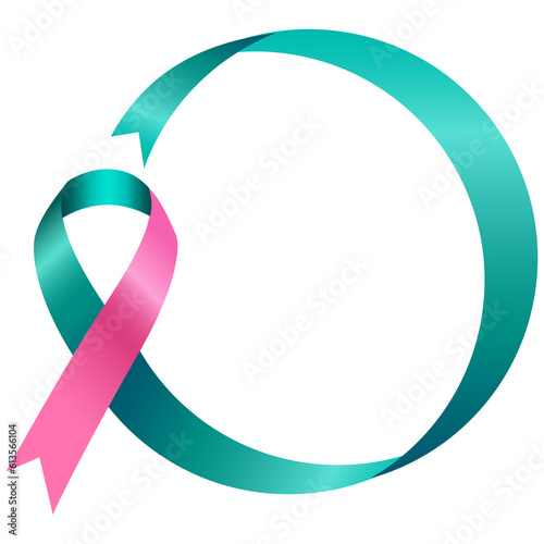 The pink and teal ribbon is used to support many causes related to Breast Cancer Awareness, such as different forms of breast cancer and the combination of ovarian and breast cancer. photo