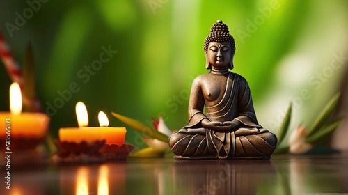 Buddha in meditation with burning candle, Generative AI