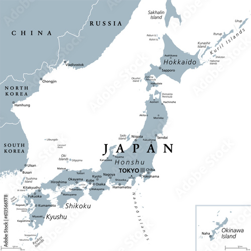 Japan, gray political map. The main islands Honshu, Hokkaido, Kyushu, Shikoku and Okinawa. East Asian island country in the North Pacific Ocean, archipelago of 14,125 islands and part of Ring of Fire. photo