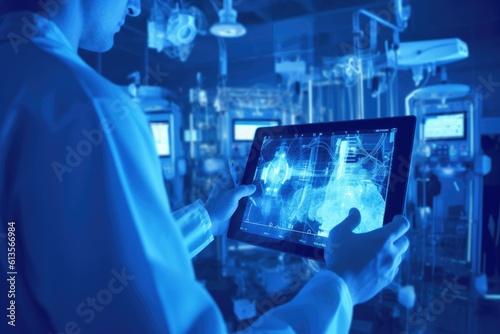 Doctor holding tablet smart hospital in operating room. Generative AI