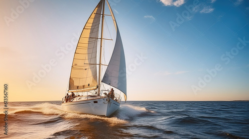 Friends on Board a Speeding Sailboat, Racing Across the Open Waters, Generative AI