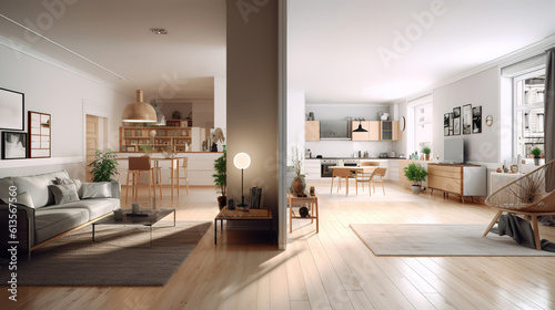 Apartment interior panorama 3d render, Bright color. Generative Ai © hassanmim2021