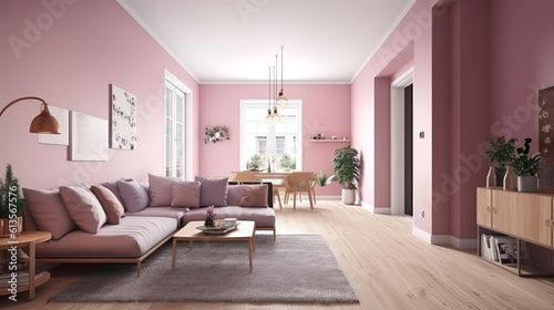 Minimal modern home design with warm furniture colors. Generative Ai