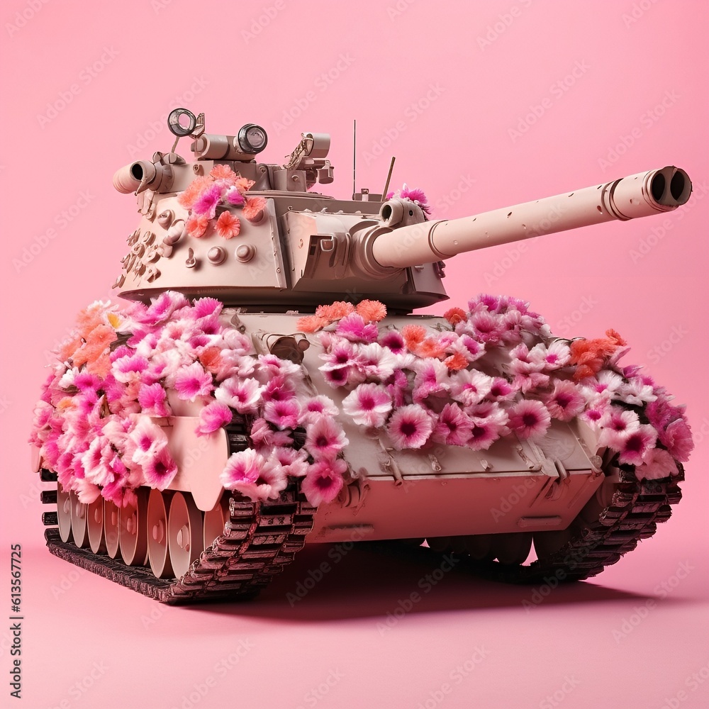 a pink tank covered in pink flowers on a pink background Stock