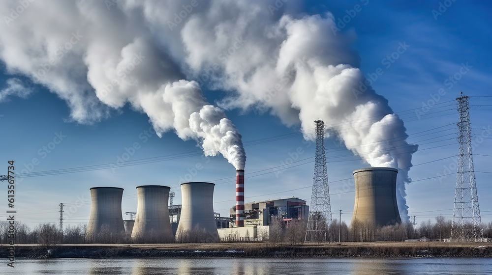 A Daytime Glimpse of the Power Plant, Looking Smoke Rises from the Chimney. Generative AI A Daytime Glimpse of the Power Plant, Looking Smoke Rises from the Chimney. Generative AI