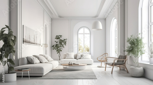 Interior of white living room panorama 3d render, Bright color. Generative Ai