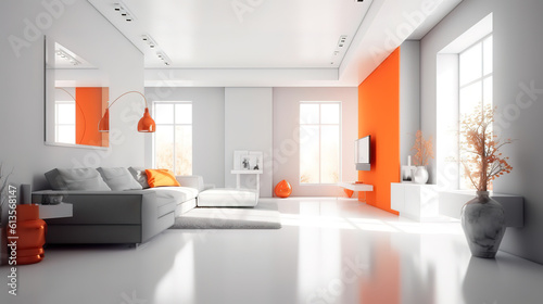 Modern weiss apartment interior panorama 3d render, Bright color. Generative Ai